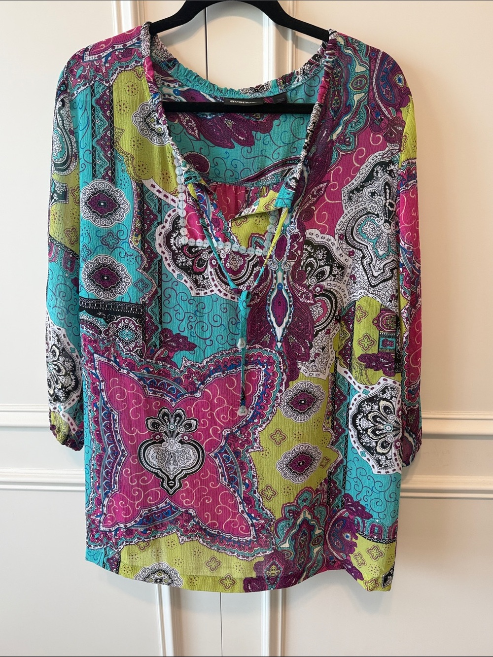 Avenue Multicolor Paisley Tie-Neck Tunic - Turquoise, Magenta & Lime